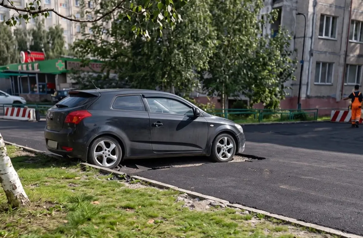В Сургуте положили асфальт вокруг припаркованного автомобиля