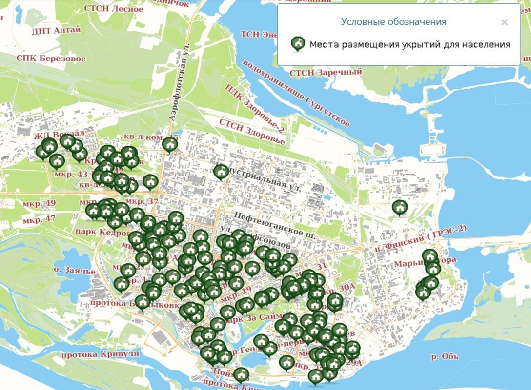 Власти Сургута опубликовали карту укрытий на случай воздушной опасности